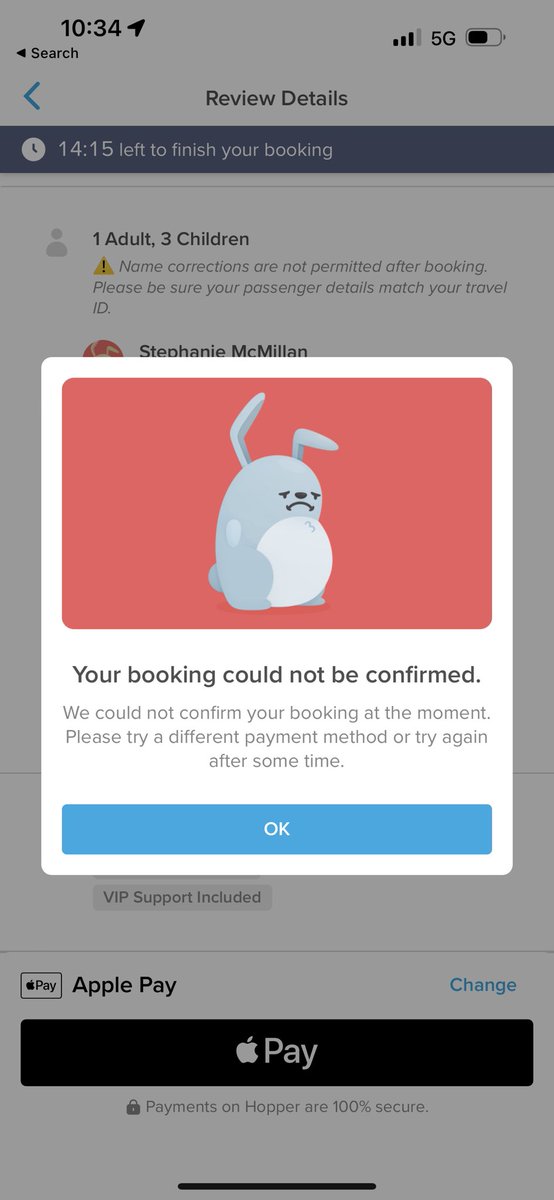 stephy__steph__'s tweet photo. @HopperSupport @hopper 

I have tried many payment methods and still keep getting this for over a day now. Please help. I want to use my credits to book a flight for my kids’ Christmas present. https://t.co/lJyoPONeoU