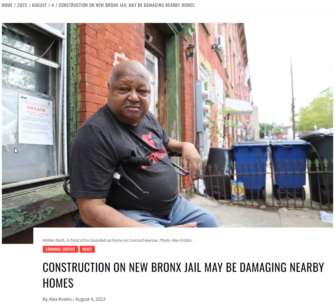 NUBCNYC's tweet photo. Mr. Nash whose home is across from the #Bronx jail site says the demolition and construction of the jail has caused major damage to his family's home. #independentmonitor needed for the #Chinatown jail site. https://t.co/2n3B4tko7O