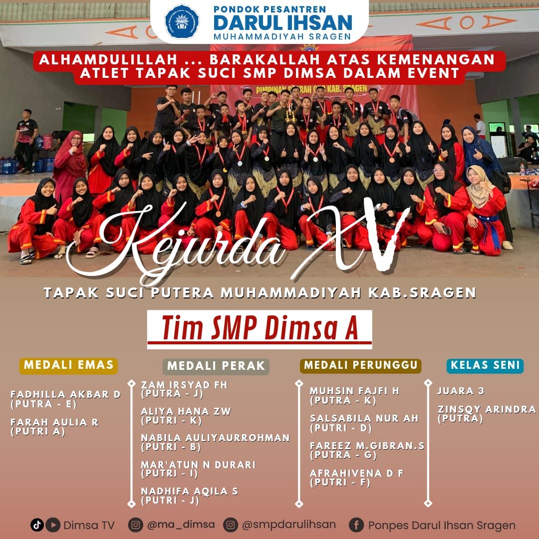 SMP_darulihsan's tweet photo. Kado dari Santri untuk Milad Ponpes Darul Ihsan Muhammadiyah Sragen yang ke-34
SELAMAT
Kepada para PERAIH MEDALI dalam KEJUARAAN DAERAH TAPAK SUCI PUTRA MUHAMMADIYAH KE XV (KEJURDA XV)
Semoga menjadi inspirasi, motivasi bagi santriwan dan santriwati lainnya
#dimsa #muhammadiyah https://t.co/Y6oY6kRyr8