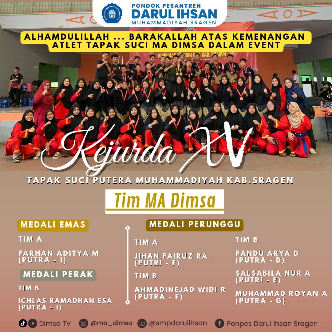 SMP_darulihsan's tweet photo. Kado dari Santri untuk Milad Ponpes Darul Ihsan Muhammadiyah Sragen yang ke-34
SELAMAT
Kepada para PERAIH MEDALI dalam KEJUARAAN DAERAH TAPAK SUCI PUTRA MUHAMMADIYAH KE XV (KEJURDA XV)
Semoga menjadi inspirasi, motivasi bagi santriwan dan santriwati lainnya
#dimsa #muhammadiyah https://t.co/Y6oY6kRyr8