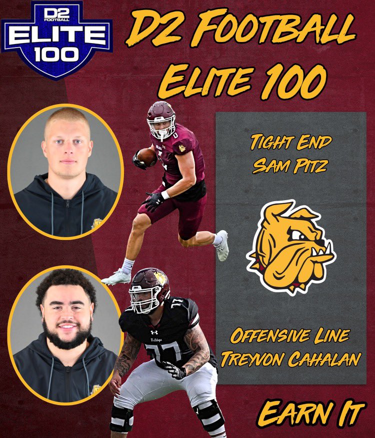 Congrats to Tight End Sam Pitz and Offensive Lineman Treyvon Cahalan on being selected to the @D2Football Elite 100 list 

#EarnIt//#BulldogCountry