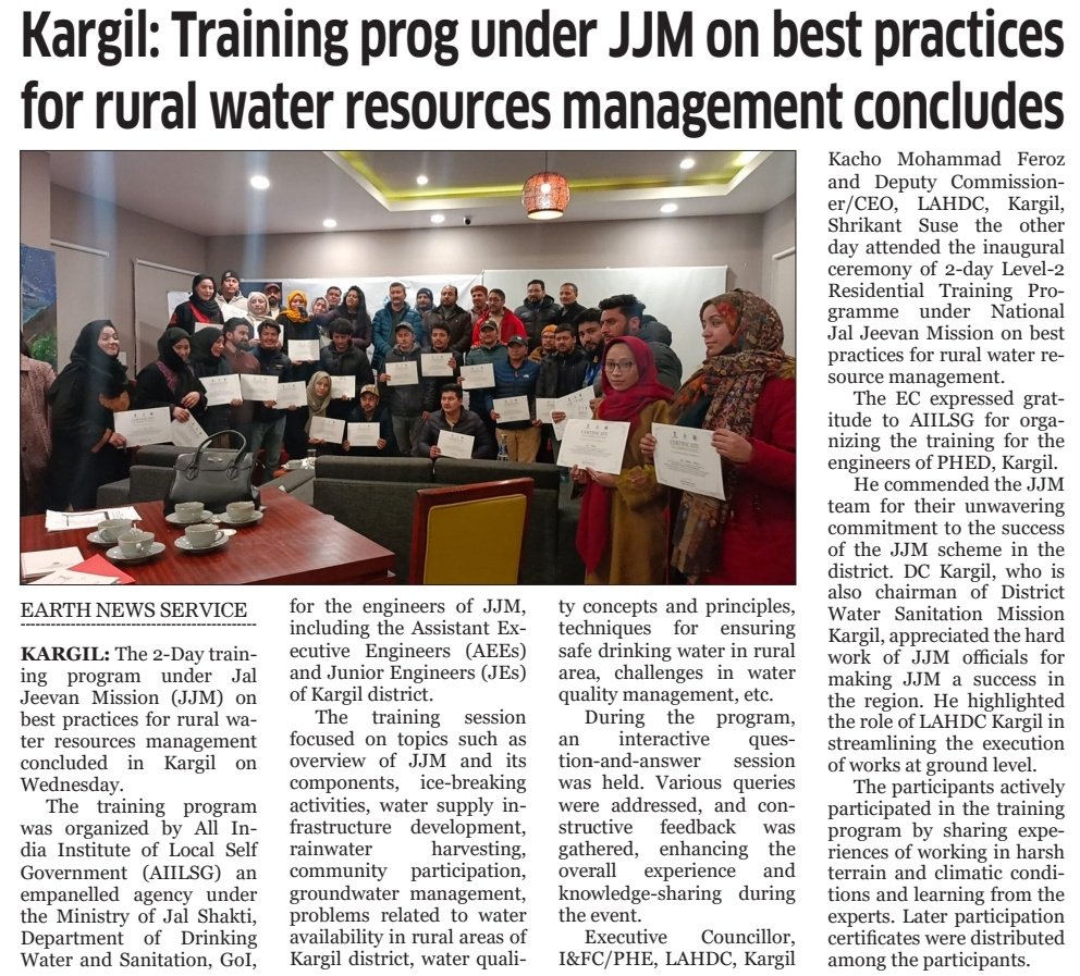 Kargil: #Training prog under #JJM on best practices for #ruralwater resources #management concludes

@lg_ladakh @dc_Kgl @JJM_Leh @jjmkargil @PHE_Ladakh #AIILSG