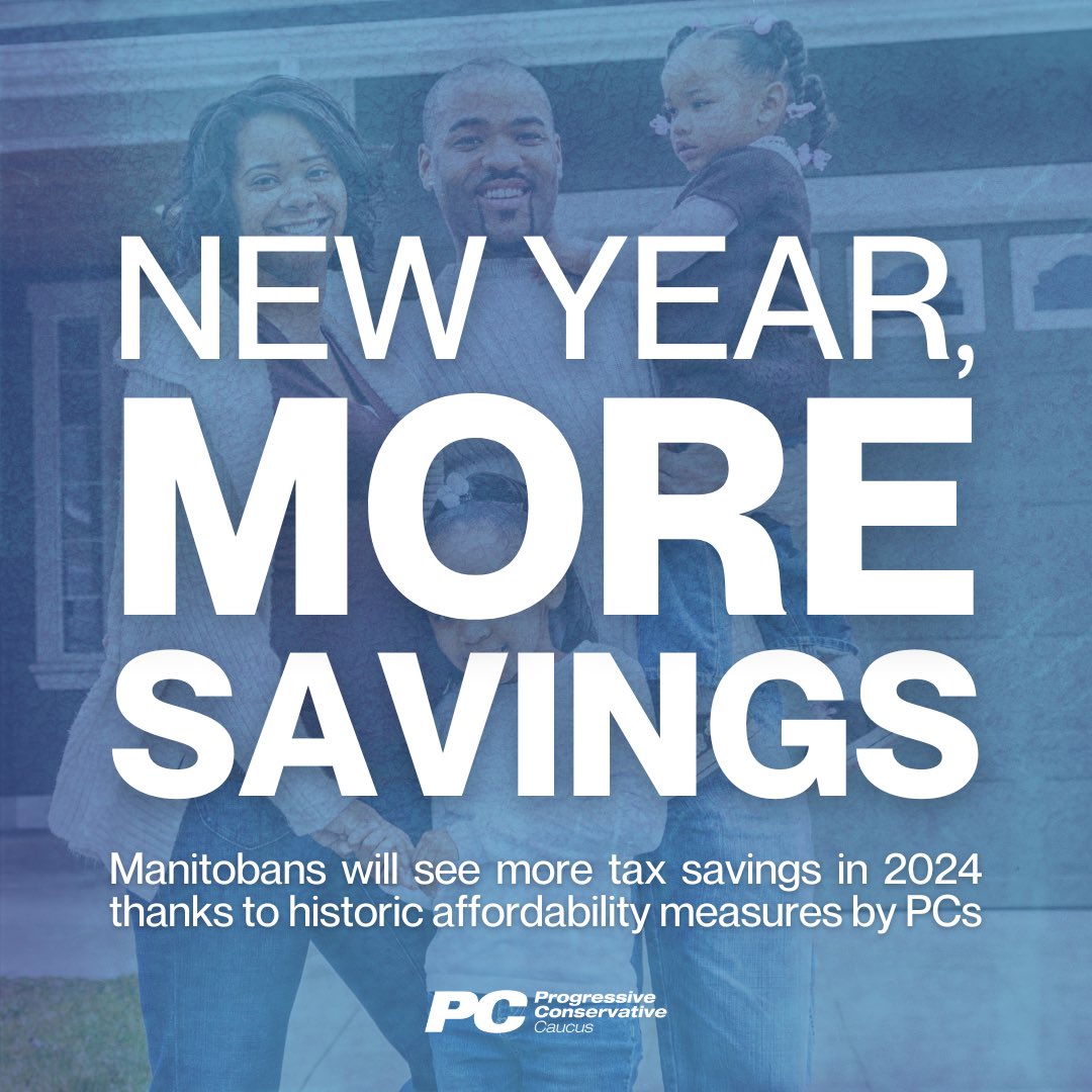 Manitobans will ring in the new year with more money in their pockets 🎉 As of January 1, 2024, #Manitoba families and businesses will see their taxes reduced as result of historic affordability measures by PCs. 🧵 1/4 #mbpoli 🔗 pcmbcaucus.com/2023/12/manito…