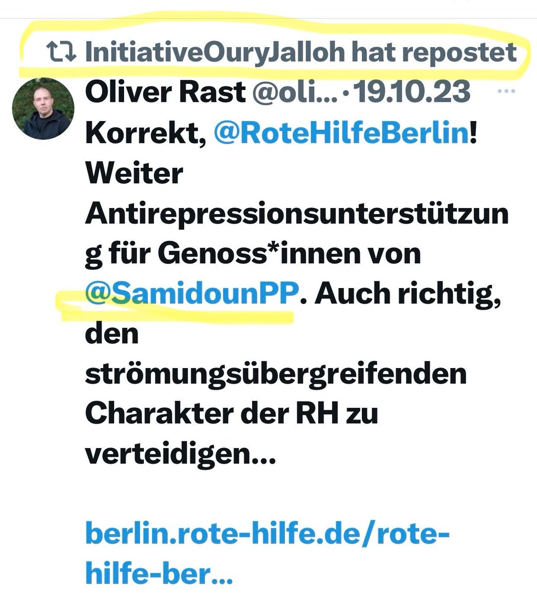 Solidarität mit #Samidoun die am 7.Oktober in Berlin zur Feier des #Hamas -Massakers Süßigkeiten verteilt haben, ist eine beschissene antisemitische Idee ⁦@OuryJalloh⁩