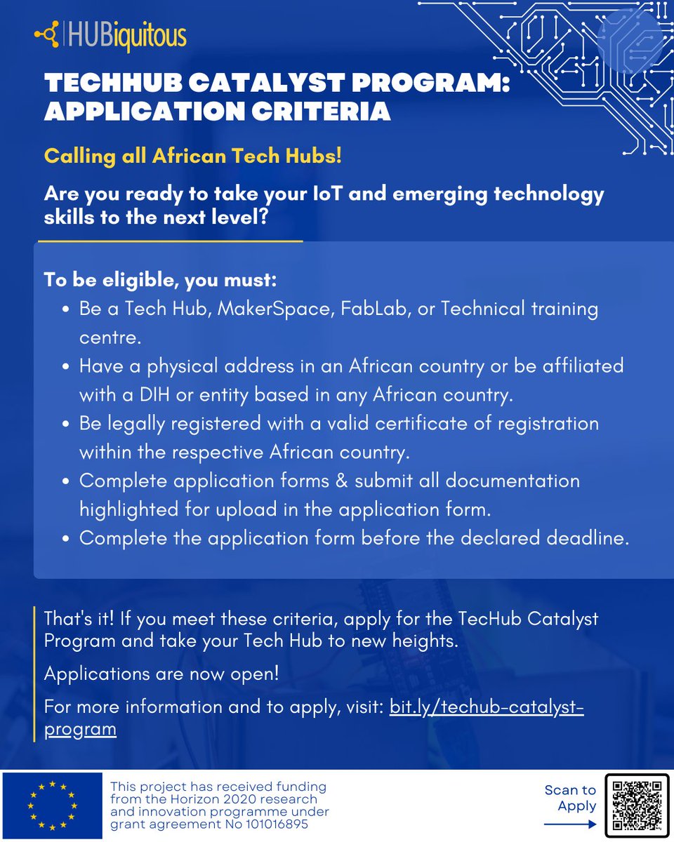 €10k for your #IoT dreams!  The Hubiquitous TecHub Catalyst Program will fund your MVPs and you get to showcase your work in Europe! 
Apply now! hubiquitous.eu/techhub-cataly…

<a href="/dLabTz/">dLab Tanzania</a> @ailabtz @tatechhub <a href="/zixtechhub/">ZixtechHUB</a> <a href="/ZongoVationHub/">ZongoVation Hub</a> <a href="/DTBi_tz/">DTBi Tanzania</a> 

#Africa #afrilabs #orangedigitalcenter