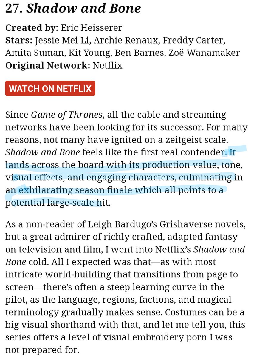 ChaosCrows's tweet photo. #27 out of 50 for best shows, this writer liking it to GoT and @netflix let's one rushed season deter them even though, as we are seeing, the numbers say it was still a massive hit. 

WHAT BUSINESS?! 
#SaveShadowAndBone
#SixOfCrowsSpinoff
#NoSmallParts

https://t.co/9MIRXm13UZ https://t.co/C7MXmcJ2xX