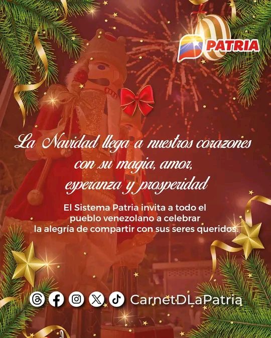La Navidad llega a muchos corazones con su magia, amor, esperanza y prosperidad. El #SistemaPatria invita a todo el pueblo venezolano a celebrar la alegría de compartir con sus seres queridos. @BonosSocial #UniónFamiliarEnNavidad