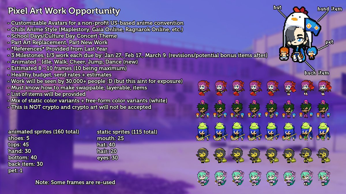 PAID PIXELART WORK OPPORTUNITY Looking for pixel artist to create  customizable avatars to use in an interactive companion app for a  non-profit US-based Anime Convention Please reach out via Discord @  squuuidly