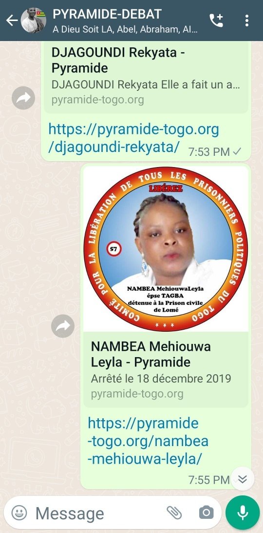 pyramidetogo's tweet photo. @rdussey @UN @_AfricanUnion #FREE_Togo_Prison_A_ciel_Ouvert_visit https://t.co/fAo2kfGdyC
CAMPAGNE DE SOUTIEN AUX DETENUS POLITIQUES.            
Pendant cette période festive, exprimez votre solidarité envers les prisonniers politiques togolais en laissant un message via ce lien.
https://t.co/De5zaqhVaL… https://t.co/j7FejBhhmA