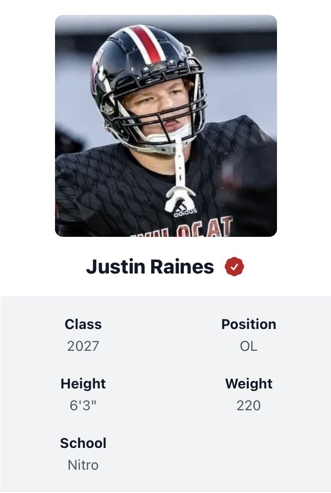 Nitro Wildcats Football (@recruitnitrohs) on Twitter photo Upcoming Sophomore that we expect big things out of, showed flashes of pure dominance in JV. Big off season for this young man. You can’t teach size, and he has that on lockdown, and we aren’t sure he’s not still growing. Excited to see his progresssion! <a href="/JRaines2027/">Justin Raines</a> Upcoming Sophomore that we expect big things out of, showed flashes of pure dominance in JV. Big off season for this young man. You can’t teach size, and he has that on lockdown, and we aren’t sure he’s not still growing. Excited to see his progresssion! <a href="/JRaines2027/">Justin Raines</a>