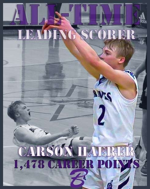 Congratulations Carson Haerer on becoming the all time scoring leader at Bottineau High School passing Mark LaCroix's previous record of 1,477 career points thank you for all you have done for our sports programs we wish you continued success congrats!!