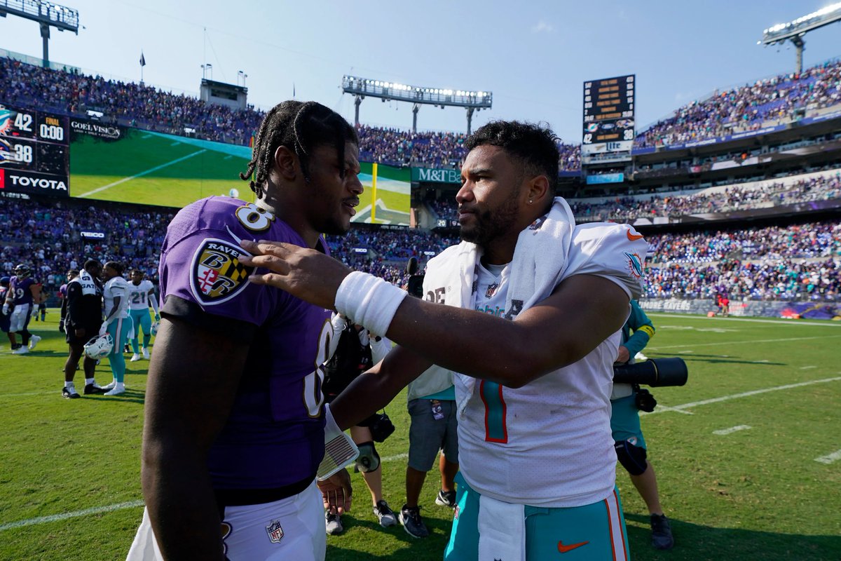 MLFootball's tweet photo. WILD… #Dolphins QB Tua Tagovailoa NEEDS TO BE TALKED ABOUT FOR MVP, his stats compared to the MVP favorite, Lamar Jackson: 

Tua has NEARLY 1,000 MORE PASSING YARDS. 

A passer rating of 105.4 compared to Lamar’s 97. 

And more total touchdowns than Jackson 

😱😱😱 https://t.co/MCodCMxIXA