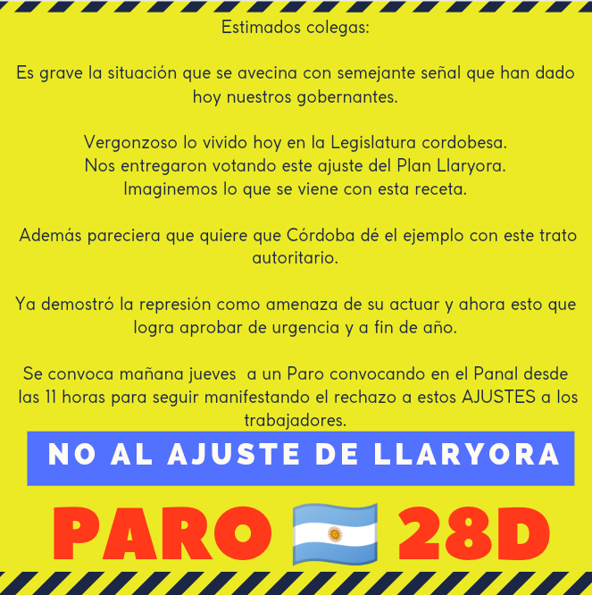 TODOS AL #PAROPROVINCIAL28D #NOALAJUSTE #Llaryora #UEPC
