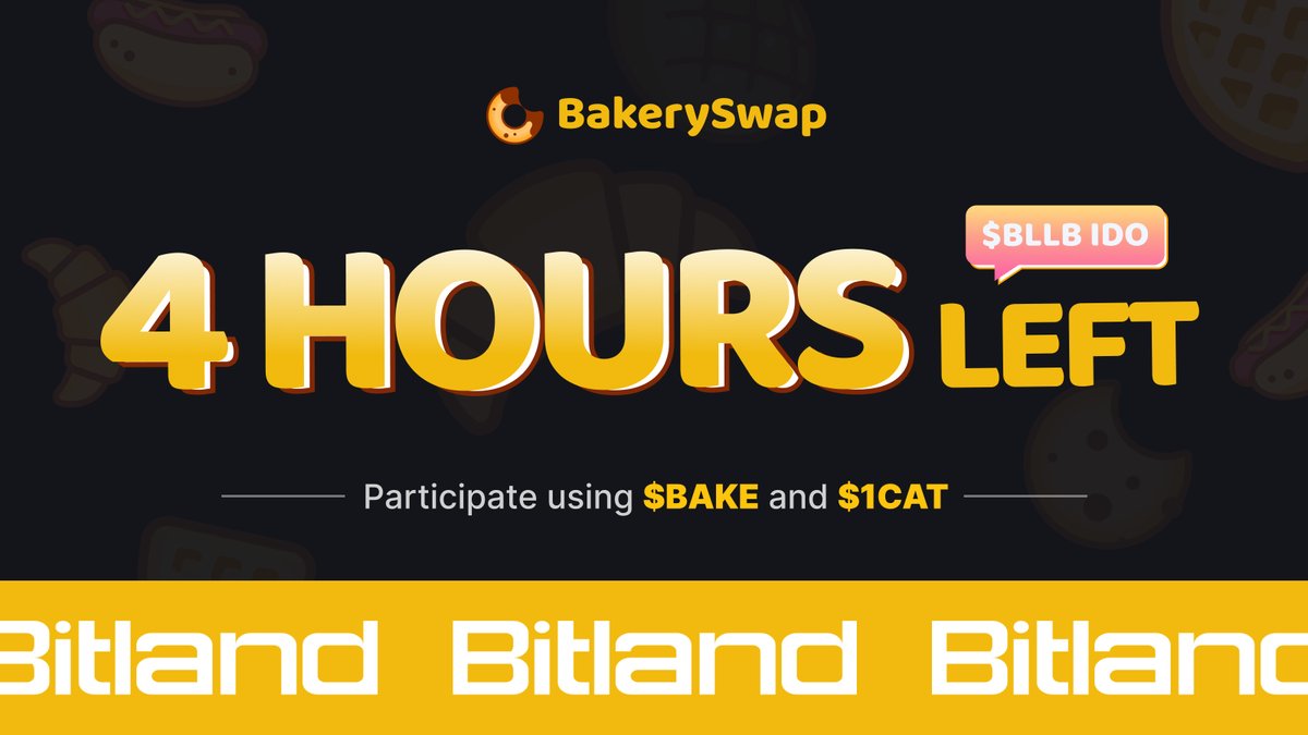 ⏰ Only 4 hours left until the @Bitland_zone $BLLB launch🚀 A few things you need to pay attention to: 1⃣The Alpha WL round starts at 8 AM UTC. Only $BAKE is accepted for participation. 2⃣The Beta WL and Non-WL round starts at 9AM UTC. Both $BAKE and #1CAT are accepted.