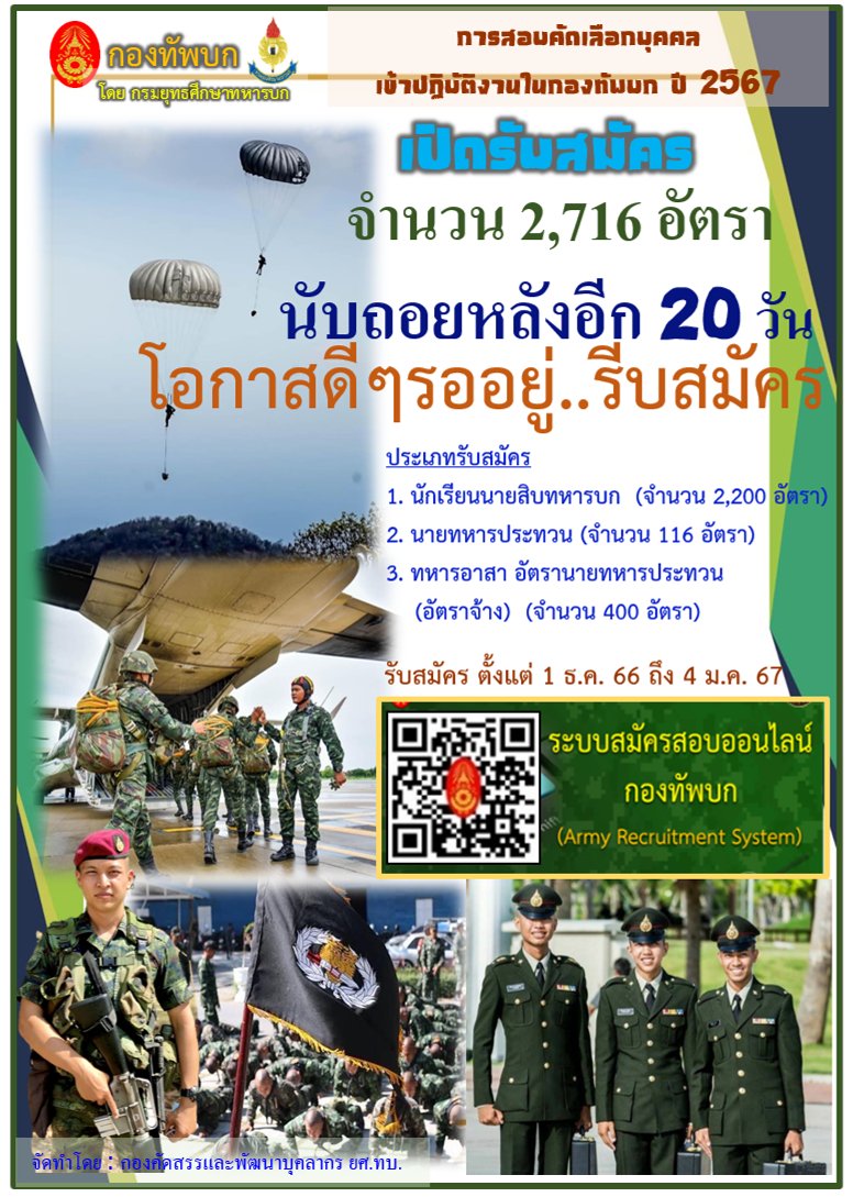23rdmaintenance's tweet photo. " การสอบคัดเลือกบุคคล เข้าปฏิบัติงานในกองทัพบก ปี 2567 "
โดย กรมยุทธศึกษาทหารบก ประกาศรับสมัครบุคคลเข้าปฏิบัติงานในกองทัพบก ปี 2567 จำนวน 2,716 อัตรา สมัครได้ตั้งแต่ 1 ธันวาคม 2566 ถึง 4 มกราคม 2567 สามารถสมัครออนไลน์ในช่องทาง QR Code ในห้วงเวลาที่กำหนด

#กองทัพบก https://t.co/JF1jP7srFE