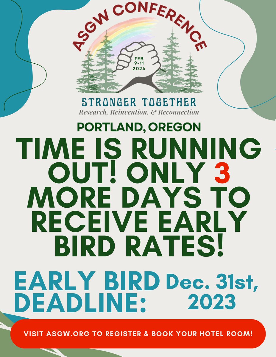 ASGWsocial's tweet photo. 3 DAYS LEFT!! Don't miss your chance to save! Time is running out!
Register today! https://t.co/H5z0lWLoS2

#asgw #groupwork #conference #asgwconference2023 https://t.co/8tZTgyFtAw