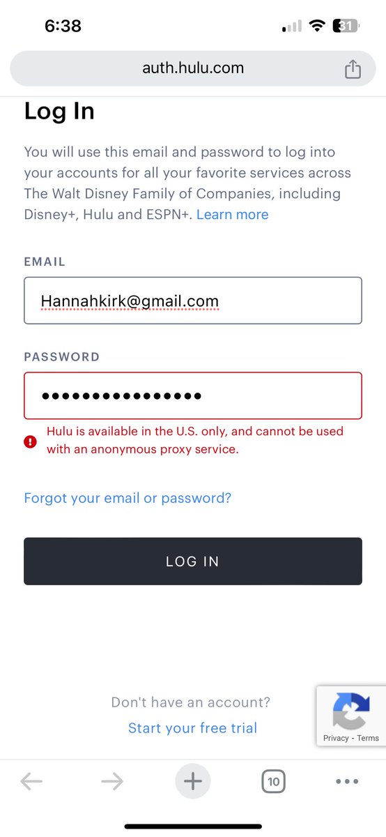PinkHairCS's tweet photo. @hulu_support I can’t log in to update my devices and there is no way to contact your support without logging in. I’m in the US and I get this error every time I try to log in. Wtf?! https://t.co/1DjkynpYkJ