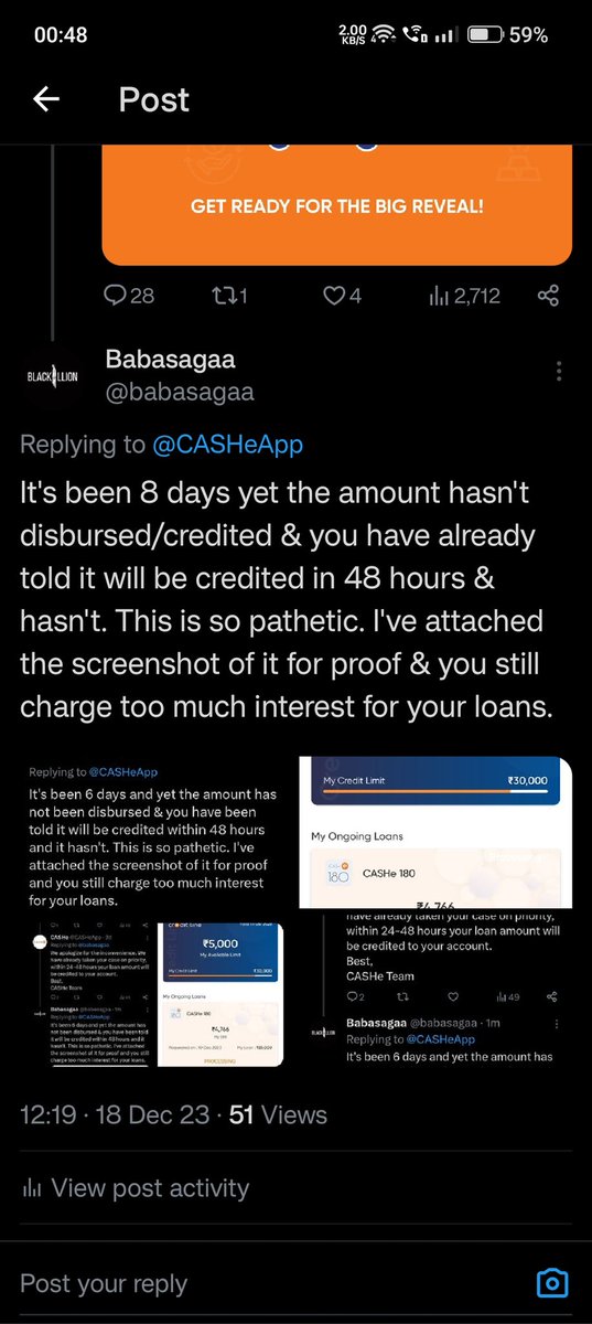 babasagaa's tweet photo. @CASHeApp @RBI @CyberCrimeshyd I've applied for loan on 10th &amp; its 18th day I've not received the loan amount. @CASHeApp don't have proper customer service &amp; whenever I Tweet they reply with wait for 24/48 hours. Its also showing repayment date in calendar without providing loan. https://t.co/RkWeW5eHA4