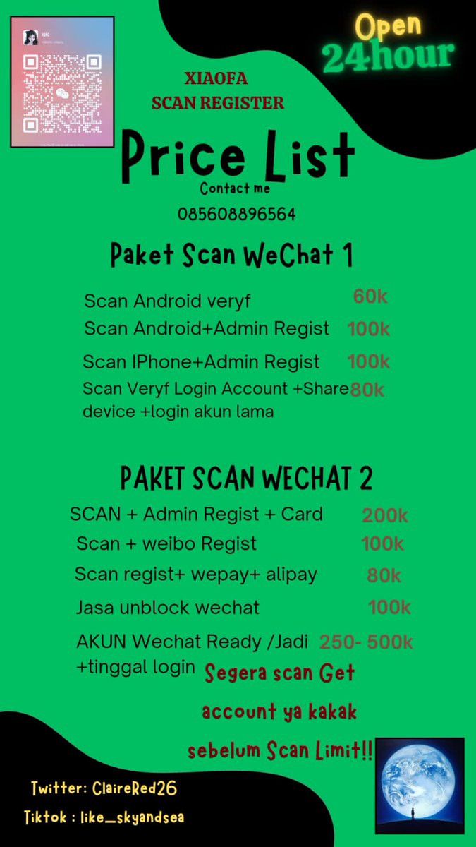 Xingstarshop's tweet photo. SCAN WECHAT XIAOFAFA DAN PEMBUATAN AKUN OPEN YA KAKAK LANGSUNG DM ATAU FAST RESPON VIA WHATSAPP (085608896564)🙏🏻🌙🌻🇨🇳🇲🇨🪐 #scanwechat #wechat #douyin #ldr #wechatindonesia https://t.co/90RHHvRrEG