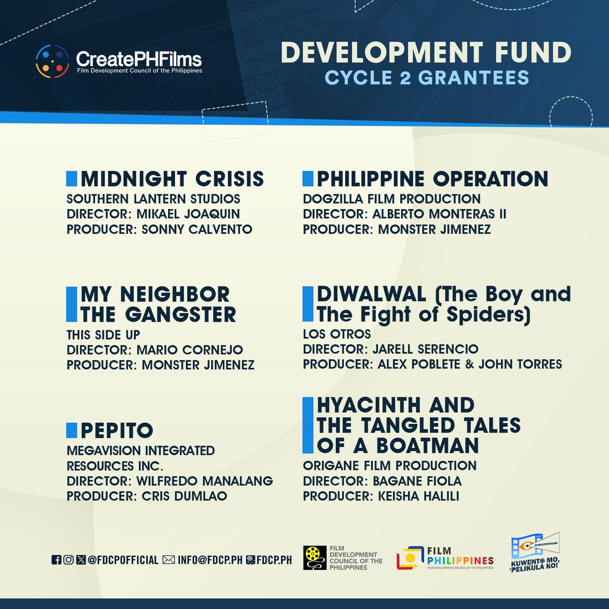 fdcpofficial's tweet photo. We look forward to the successful completion of your respective films!
Stay tuned to our official social media accounts as we will be announcing the list of grantees for Small budget and Large budget Production very soon!
#FDCP #CreatePHFilms #FilmPhilippines https://t.co/5oXpxNDqXo