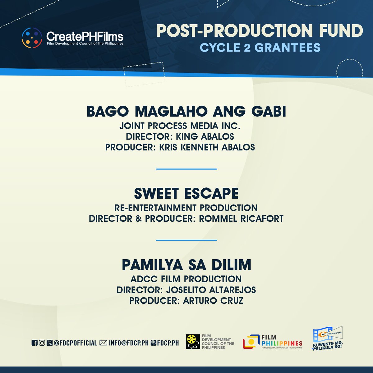 fdcpofficial's tweet photo. We look forward to the successful completion of your respective films!
Stay tuned to our official social media accounts as we will be announcing the list of grantees for Small budget and Large budget Production very soon!
#FDCP #CreatePHFilms #FilmPhilippines https://t.co/5oXpxNDqXo