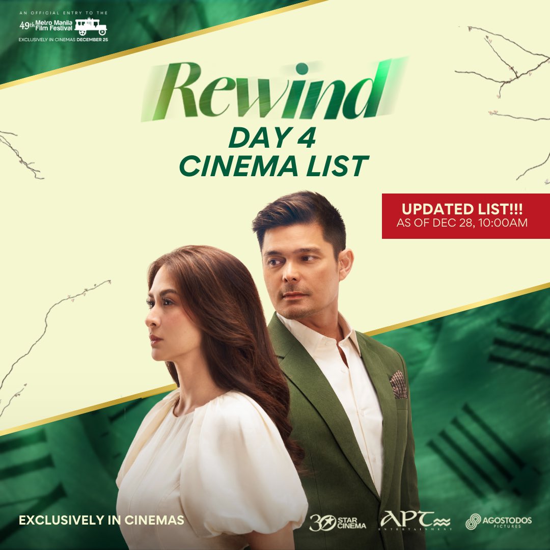 StarCinema's tweet photo. THANK YOU, LODS! THANK YOU PILIPINAS! MORE CINEMAS PA NGAYONG DAY 4 NG #REWINDMMFF 😭🙌🏼💚

Ibang klase ang great love at suporta niyo, mga lods! #TheRewindEffect is REAL and multiplying! 🔥🔥🔥

#RewindNowShowing in cinemas nationwide! #MMFF2023 https://t.co/VQLJhx1c5n