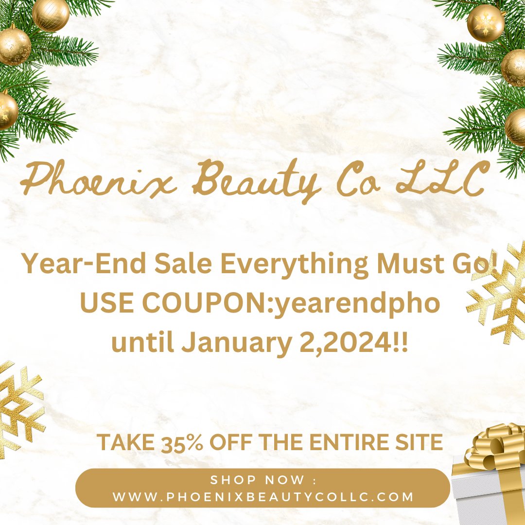 Hi Everyone go to Phoenix Beauty.  Year-End Sale On Everything, Everything must go!Hurry over to the website phoenixbeautycollc.com and grab what you can 35% off until Jan. 2, 2024!!! Use Coupon:yearendpho. Press-on nails w/ glue, Strip Lashes, Individual Lashes, Bonnets,etc.