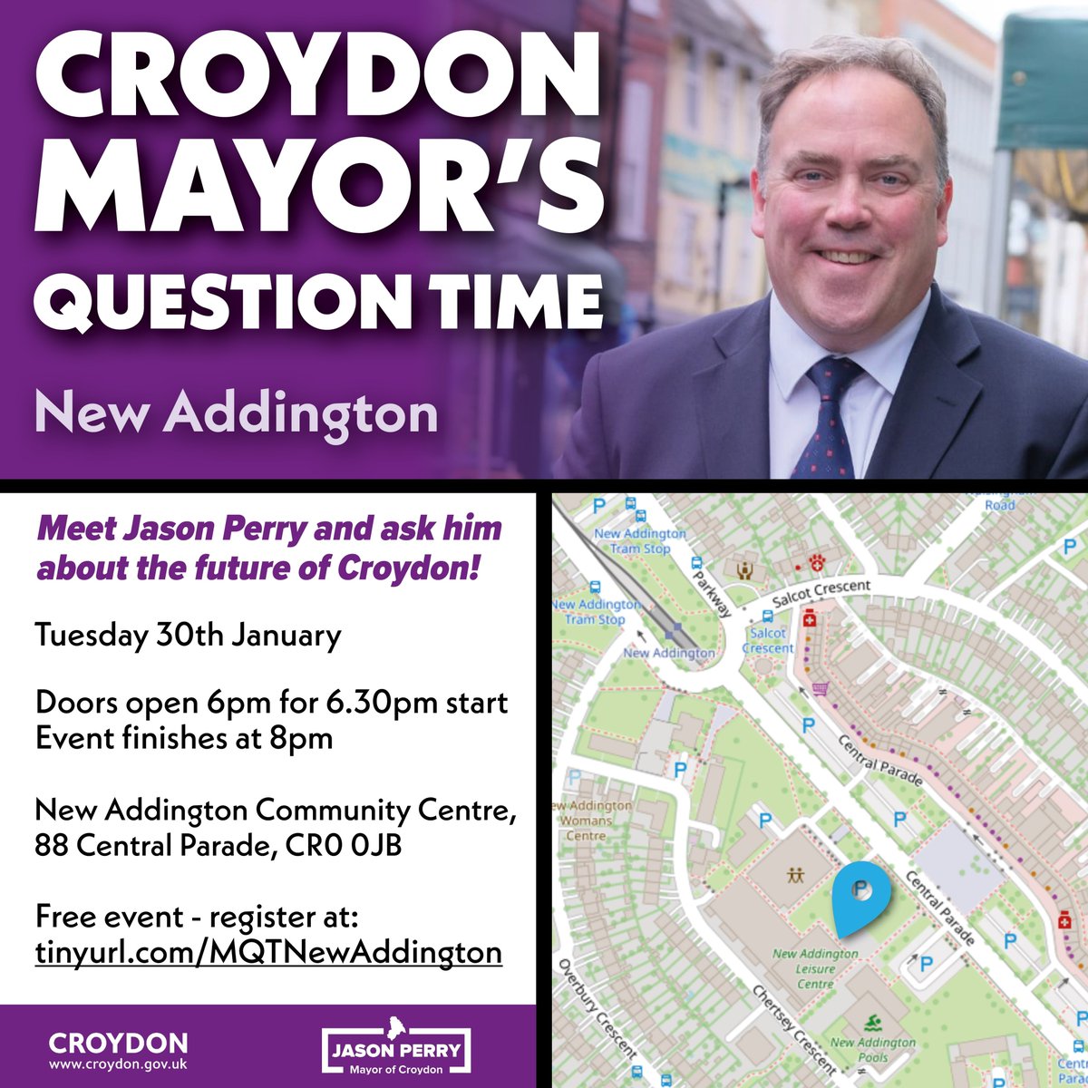JasonForCroydon's tweet photo. 📢 Croydon Mayor's Question Time📢 
I will be in New Addington for my fifth Mayoral Question Time. Come and quiz me on my priorities for Croydon and the council's work. Open to all local residents, this allows you to voice the concerns that matter to you. https://t.co/HbTOYI44hU https://t.co/anK1aAgbj7