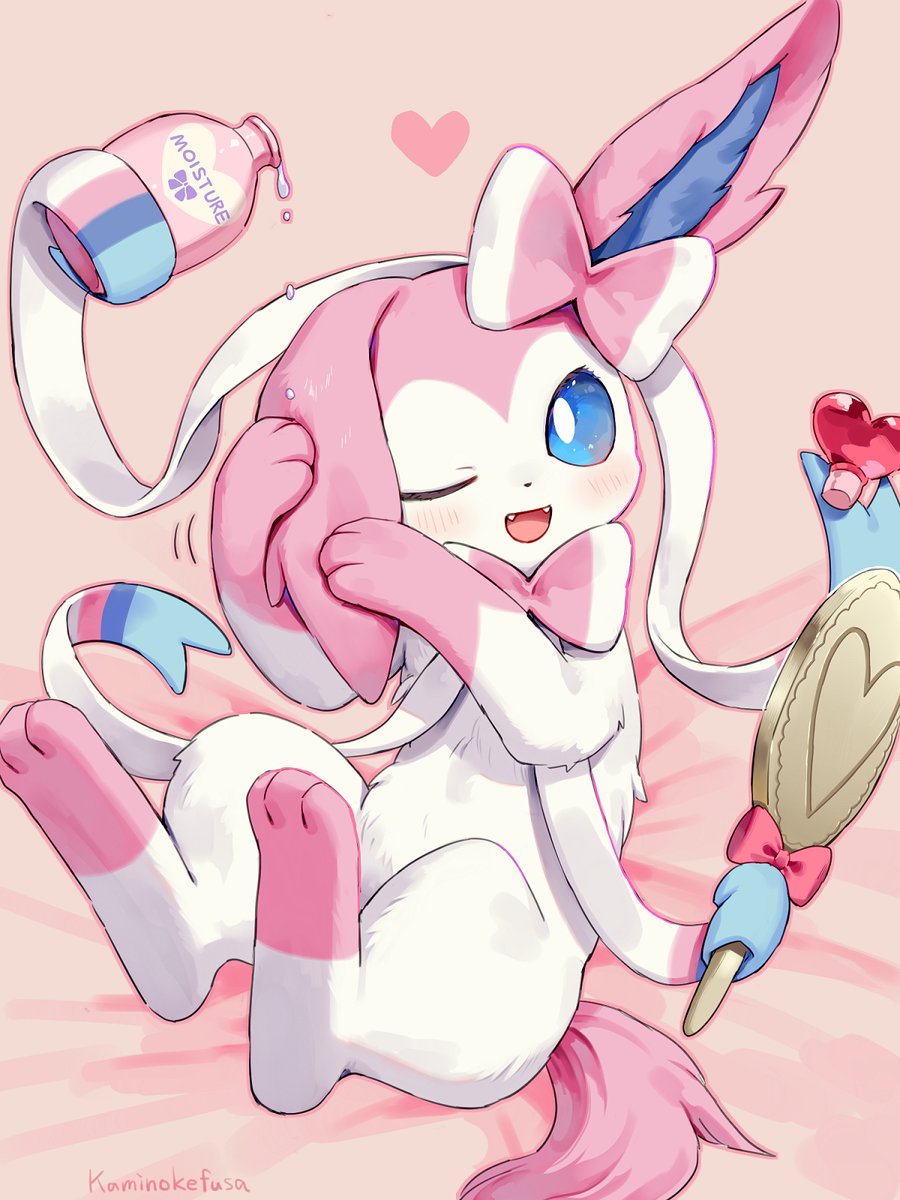 sylveon pokemon (creature) no humans one eye closed heart smile blue eyes open mouth  illustration images