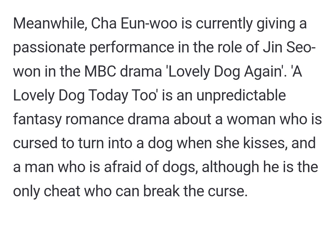 “Meanwhile, Cha Eunwoo is currently giving a passionate performance in the role of Jin Seowon in the MBC drama 'A Good Day To Be A Dog' ”🥹

오늘도사랑스럽개 차은우 오사개
#오늘도사랑스럽개 #차은우 #오사개
#ChaEunwoo #agooddaytobeadog