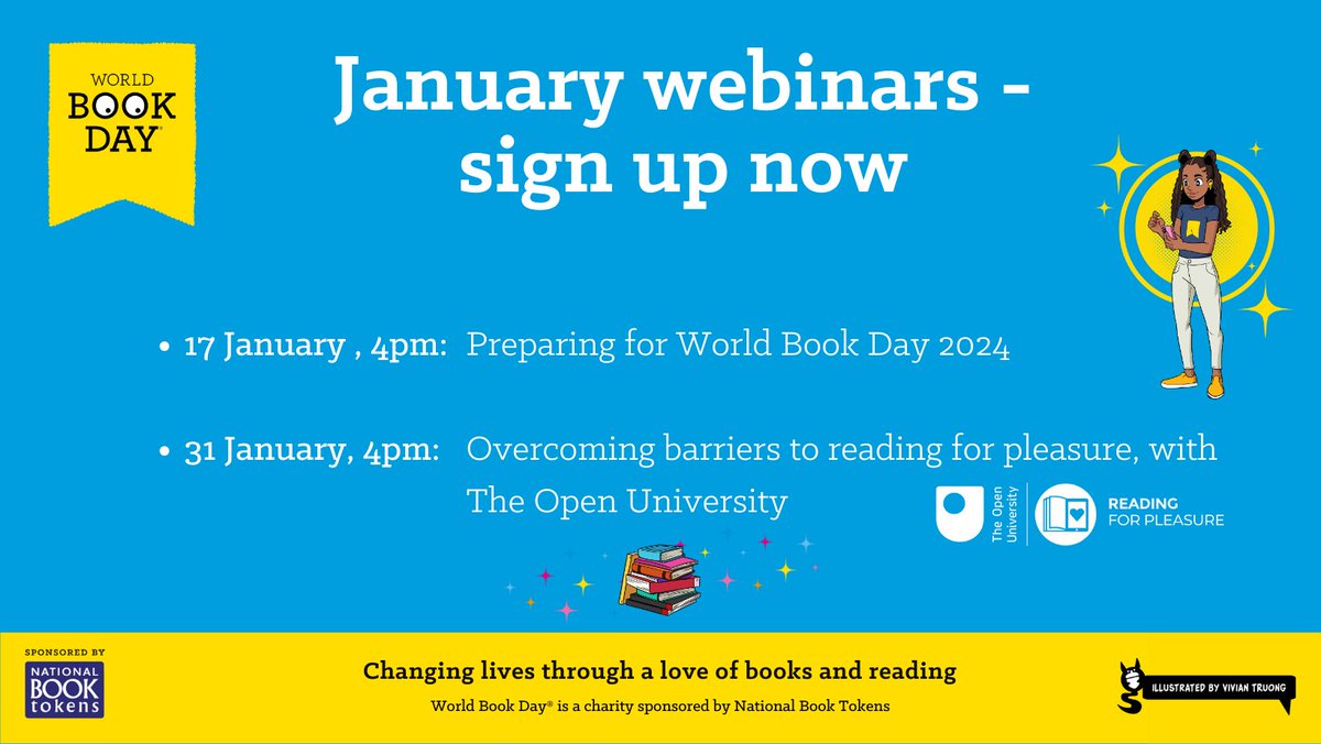 January webinars for teachers and school librarians to help your planning for World Book Day: 👉Preparing for World Book Day – Wednesday 17 Jan 👉Overcoming barriers to reading for pleasure with The Open University – Wednesday 31 Jan Sign up: worldbookday.com/events/