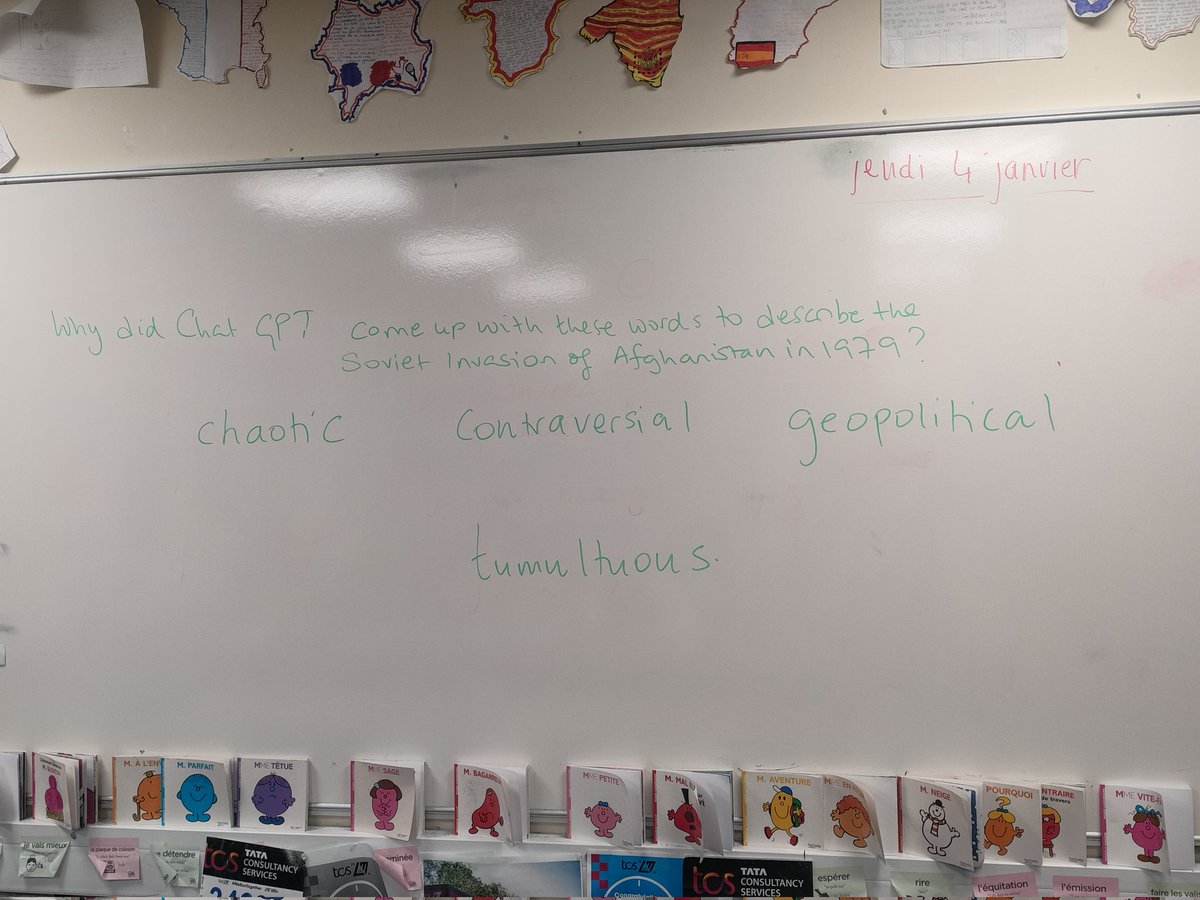 MsFlavelle's tweet photo. Nice quick A-level starter this morning using Chat GBT. Of course, the class can disagree with Chat GBT's choices as well as long as they can justify their thinking (and yes, I'm teaching in an MFL room today! Salut!) #historyteacher #AIintheclassroom https://t.co/y29yBlbYP4