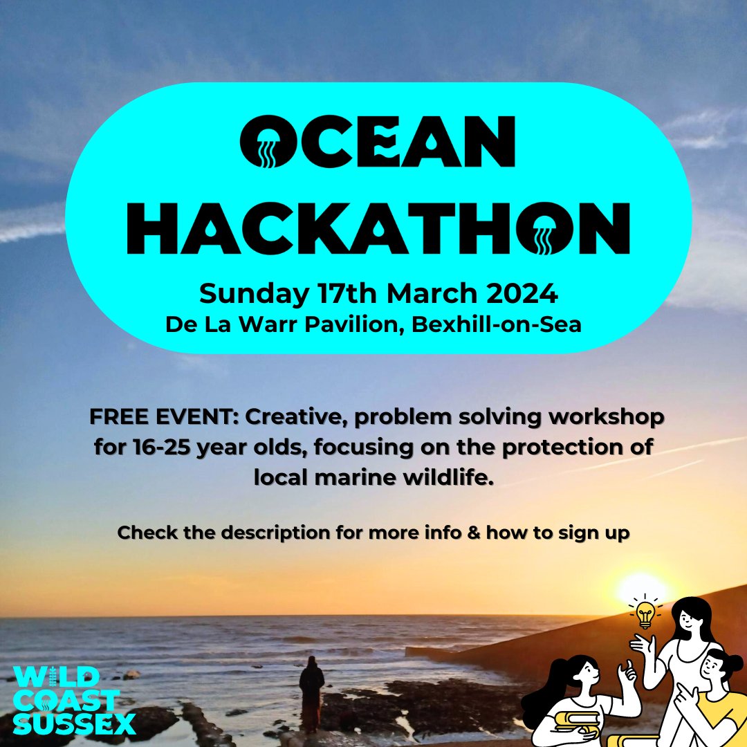 Join us for our Ocean Hackathon!
A free problem solving workshop for 16-25 year olds, focusing on current #MarineConservation issues in #Sussex 🌊🦀

📅 When: Sunday 17th March, 10am-4:30pm 
📍Where: De La Warr Pavilion, Bexhill-on-sea

FREE TICKETS: eventbrite.co.uk/e/ocean-hackat…
