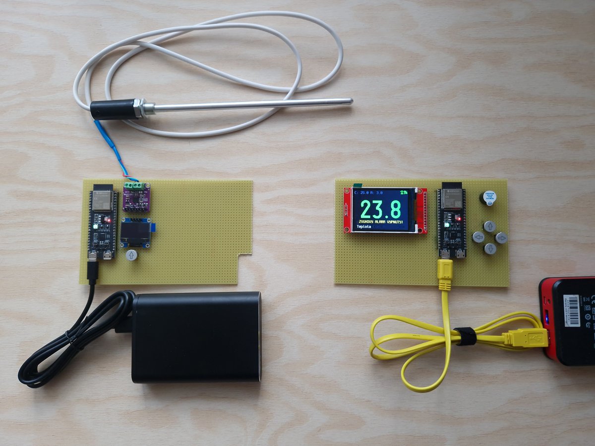 dwnstrmr's tweet photo. A bespoke smokehouse temperature monitoring solution for a friend. :-) Smokehouse unit uses Pt100 thermometer, oled display. Monitoring unit displays measured temperature and sounds alarm if temperature is outside allowed range. Configurable, ESP32-S3, WiFi, home assistant ready. https://t.co/kfmRI4AWvh