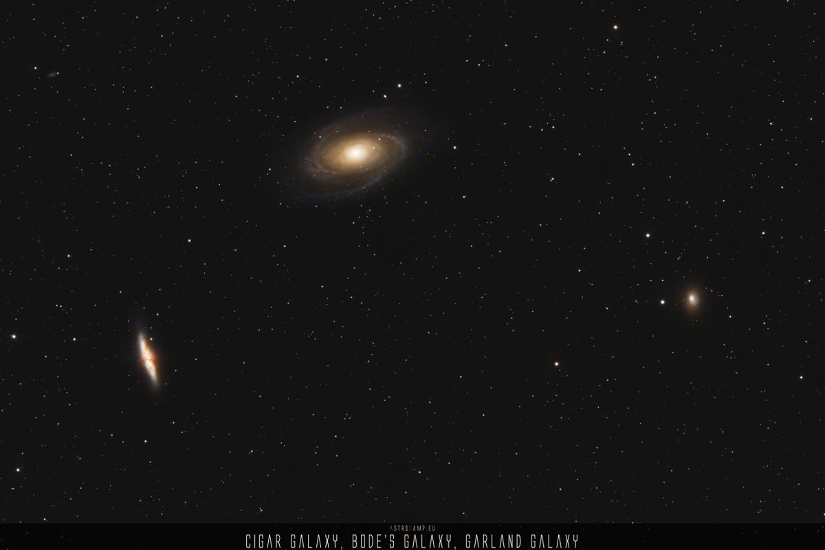 AstrophotoCamp's tweet photo. Astrophoto: Bode's Galaxy and Cigar Galaxy - Messier 81 and Messier 82 - 03/22 - The ... - #BodesGalaxy #CigarGalaxy #GarlandGalaxy #M81 #M82 #Messier81 #Messier82 #NGC3031 #NGC3034 #NGC3077 #UGC5318 #UGC5322 #UGC5398 #Astrophotography Blog: https://t.co/sVV1YRTE2z #clearskies https://t.co/YNE1AXac5U