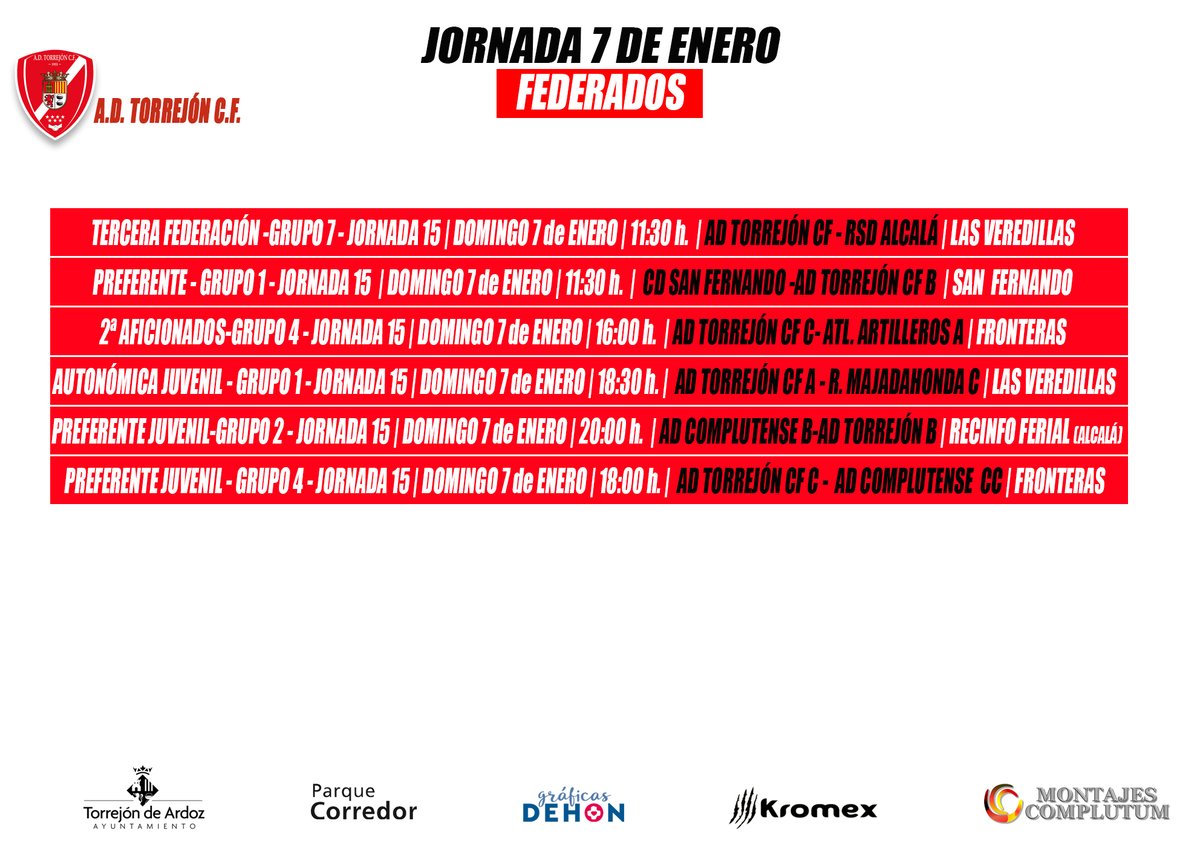 AdTorrejoncf's tweet photo. Estos son los horarios de los equipos que juegan esta jornada. Suerte para todos⚽️🍀💪
#montajescomplutum #70aniversarioADT https://t.co/rs4YW2Lhm2