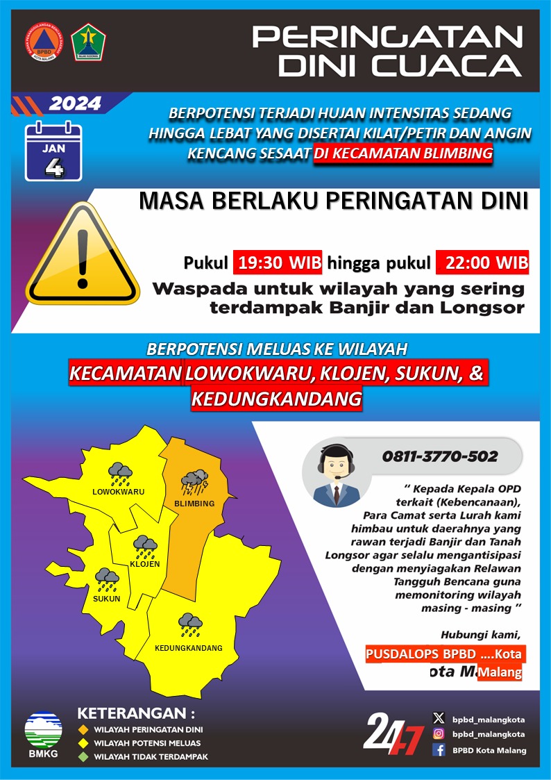 pusdalopsmalkot's tweet photo. #PeringatanDiniCuaca hingga pukul 22:00 WIB
 
Waspada Hujan intensitas sedang hingga tinggi disertai angin kencang sesaat di Kecamatan  Blimbing dan dapat berpotensi meluas ke Kecamatan Sukun, Klojen, Kedungkandang, &amp; Lowokwaru https://t.co/NZ98imCMBK