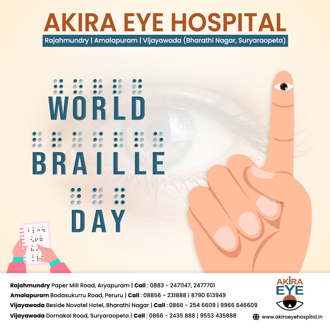 Experience the language, embrace the narratives. Commemorating World Braille Day - where each tactile dot unfolds a realm of potentialities.

#akiraeyehospital #vijayawada #rajahmundry #amalapuram #WorldBrailleDay #BrailleLiteracy #TouchTheWords #BrailleForAll
#EmpowerTheBlind
