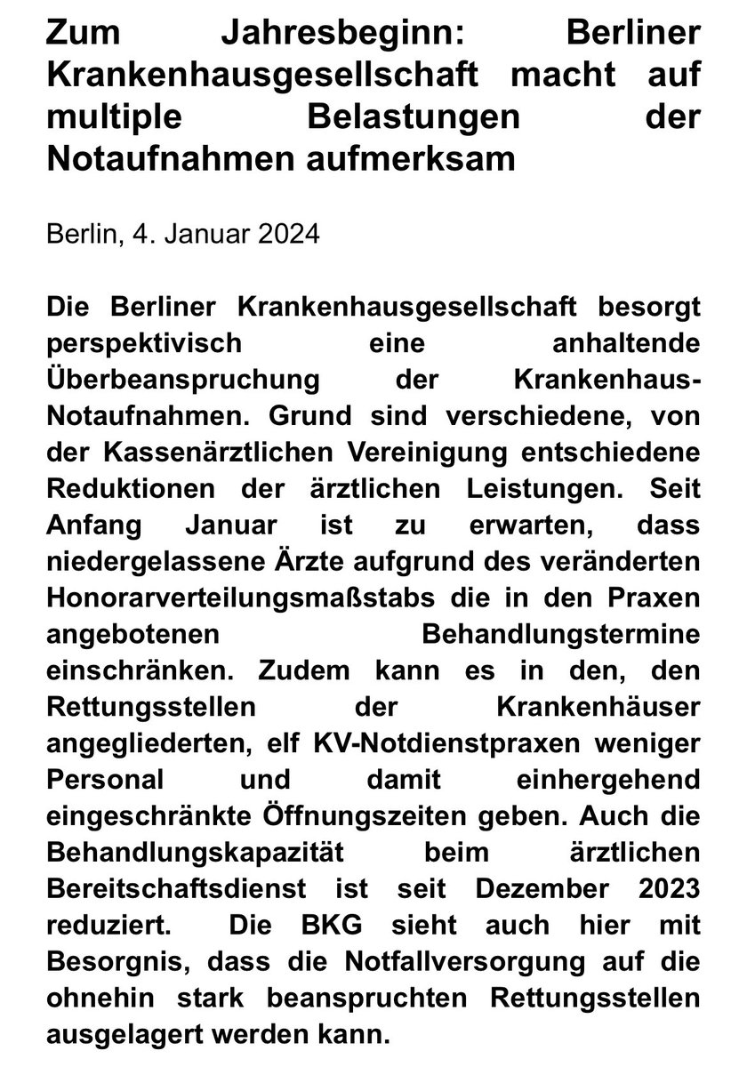 Berliner Krankenhausgesellschaft zur aktuellen Situation in den Notaufnahmen in Berlin.