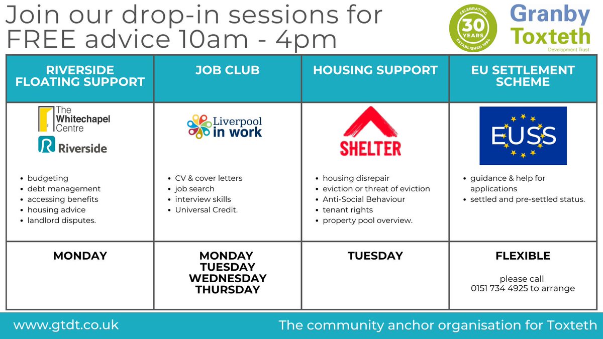 Everyone is welcome at the drop-in sessions held at our office on Lodge Lane. Friendly and supportive advice on housing, benefits and jobs provided by local experts who really know what they're talking about!  
All welcome - tea and coffee provided ☕️☕️
Please share.