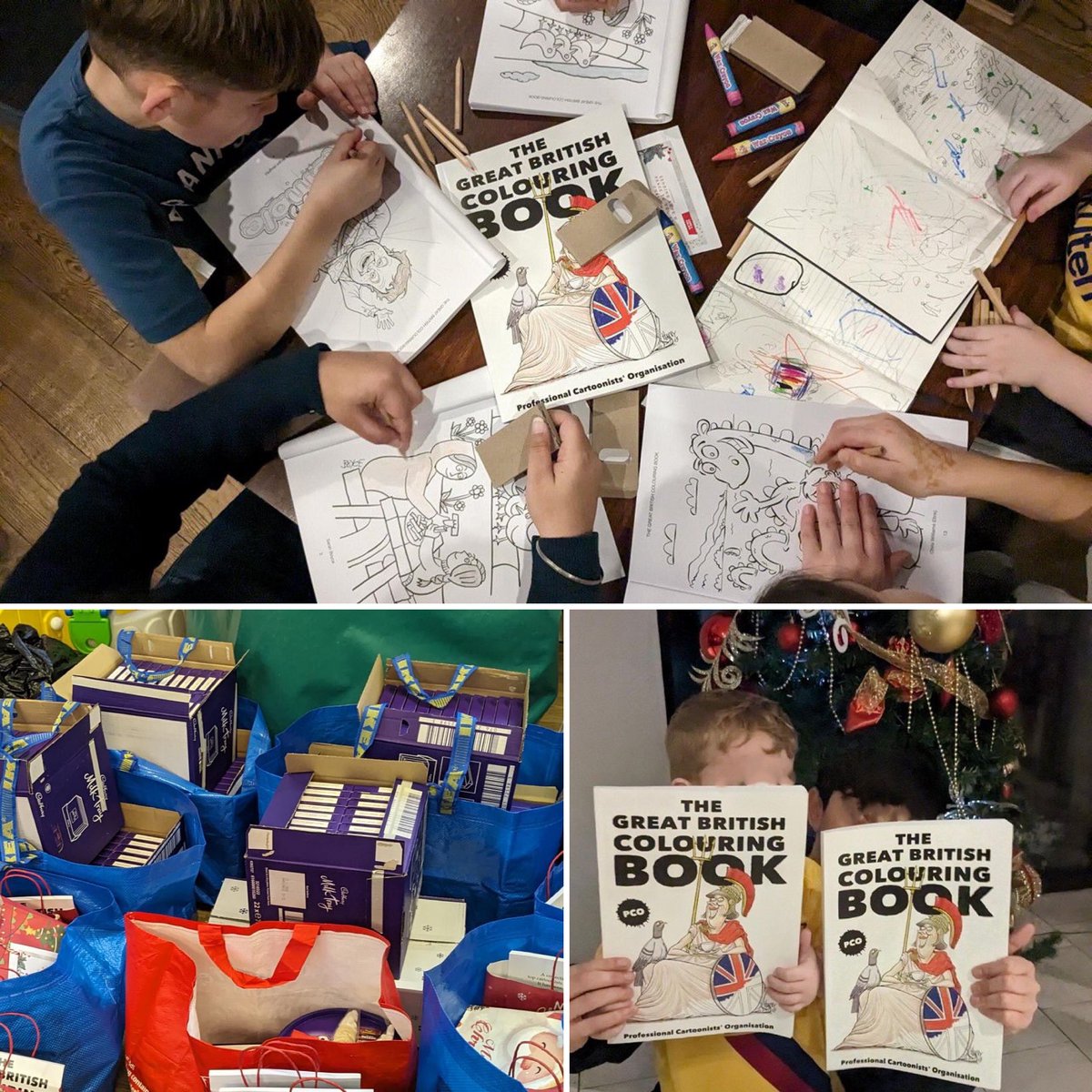 Colouring fun! You can see the #asylumseeker children loved the #GreatBritishColouringBook by @procartoonists, distributed free by @38degrees. These were included in 150 Christmas goody bags for children.