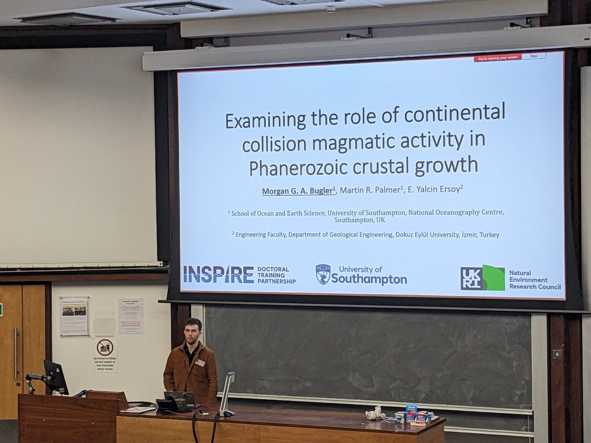 WattsGeology's tweet photo. A lot of @OceanEarthUoS people presenting today at Day 2 of #VMSG. Morgan gave a great talk about continent building this morning and @TMGernon is giving a talk this afternoon. At poster booth 83 @JRawlingsVolc is showing her work on diffusion chronometry for kimberlites! https://t.co/k1PdQNrmI1