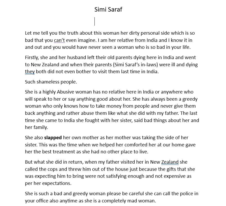 aakashtandon3's tweet photo. @FrogRecruitment @NZLawCommission @nzlabour 

I want to bring to light some horrific harassment by one of @FrogRecruitment employee - Simi Saraf
She has been harassing her mother and my family via Phone leading to mental illness of her mother via Phone(text)

Please help! https://t.co/x2IA1OOTaP