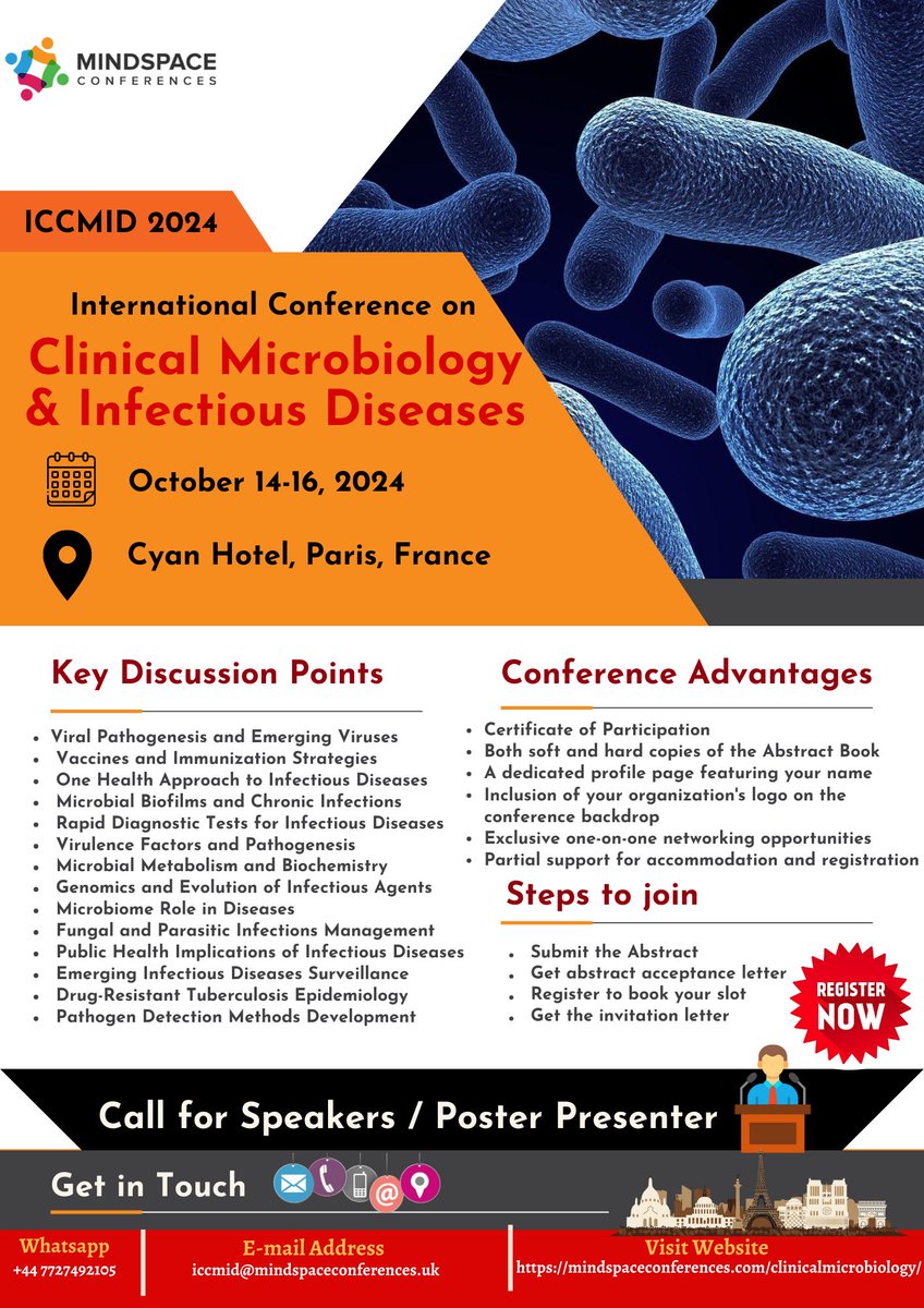 Clinicalmicro23's tweet photo. 🎟️ Reserve your Slot! 📌
Submit your #Abstract  and #Register for the Clinical Microbiology 2024 on October 14-16, 2024 in #Paris, France
🔗 w: https://t.co/H4eXInxcNH | 📱 WhatsApp: +44-7727-492105
#Microbiologyconference #ParisConference  #mindspaceconference
@MindSpaceConf https://t.co/JR7RbhamxV