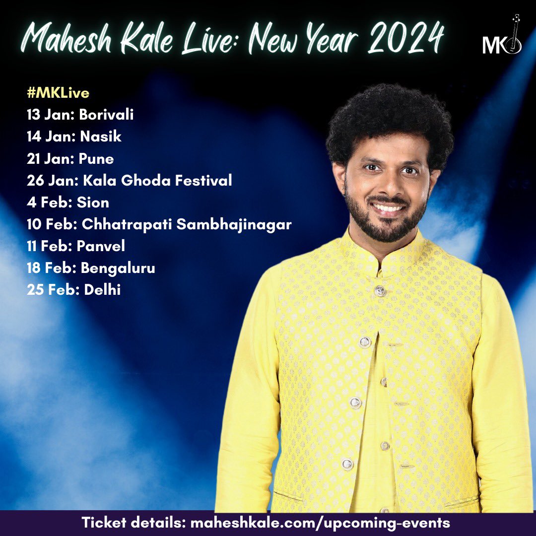 maheshmkale's tweet photo. #MKLive #NewYear2024 
Don't forget to mark your calendars, and see you soon!
.
.
.
#LiveConcert #MaheshKale #IndianClassicalMusic #ICMRevolution #MKTour https://t.co/3pyfGDSd8n
