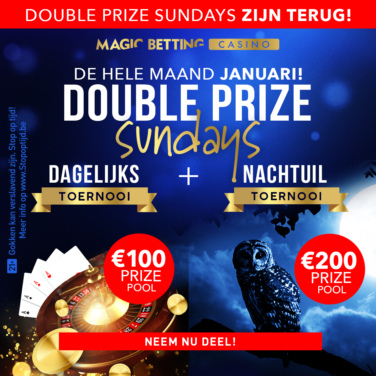 magicbettingcso's tweet photo. 🌟 Double Prize Sundays zijn terug! 🌟

🏆 Wat betekent dat? Onze prijspotten verdubbelen elke zondag, waardoor het dagelijkse toernooi van €50 wordt omgetoverd tot een ongelooflijke €100 en het Nachtuil toernooi van €100 wordt opgekrikt naar een waanzinnige €200!🌙 https://t.co/Xn8EoTjQIN