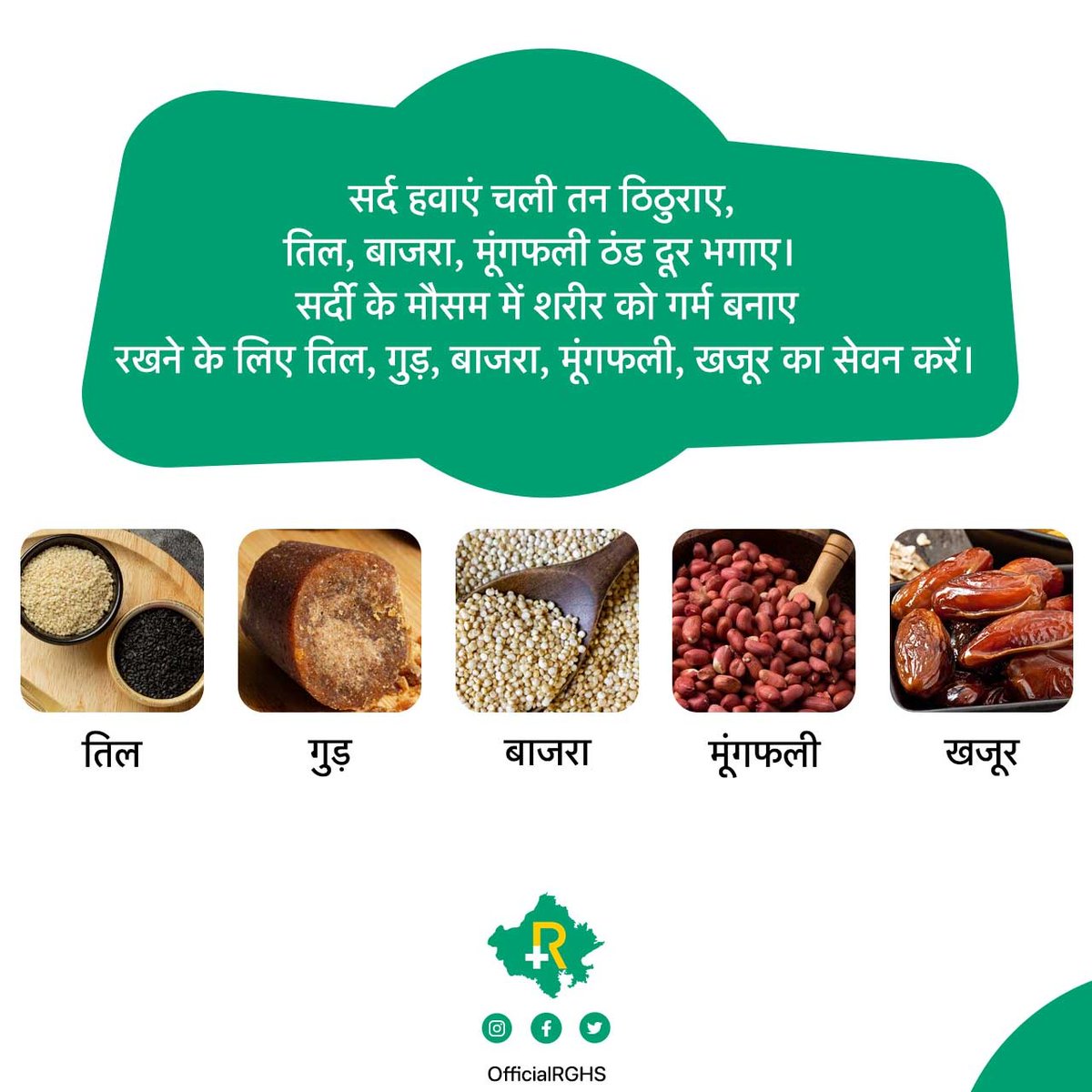 सर्द हवाएं चली तन ठिठुराए,
तिल, बाजरा, मूंगफली ठंड दूर भगाए

✅ सर्दी के मौसम में शरीर को गर्म बनाए रखने के लिए तिल, गुड़, बाजरा, मूंगफली, खजूर का सेवन करें।

#RGHS #Rajasthan