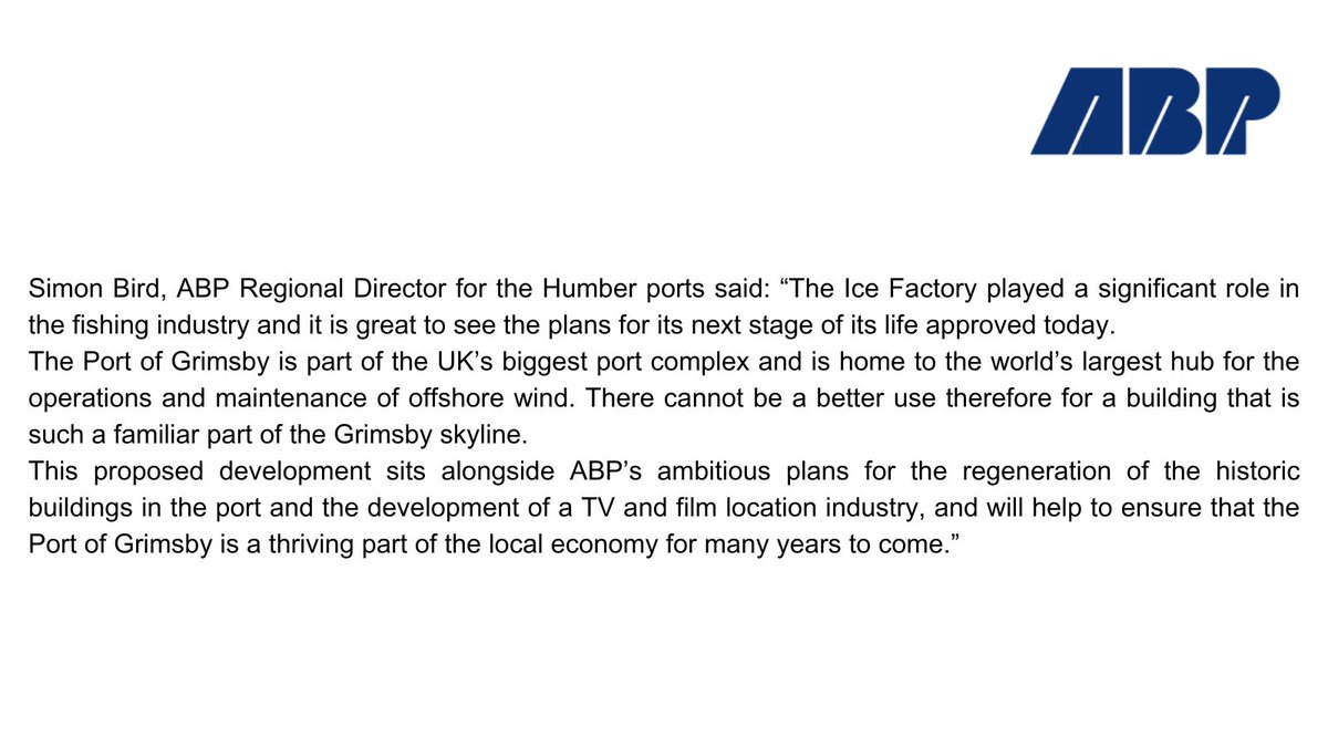 ABP are delighted to hear planning approval for the Ice Factory to become offices and a 1000 capacity venue was approved by @NELCouncil and that the 161 bed hotel for offshore workers was also given the go ahead. Well done to Tom and his team. #kasbah #grimsby #portofgrimsby