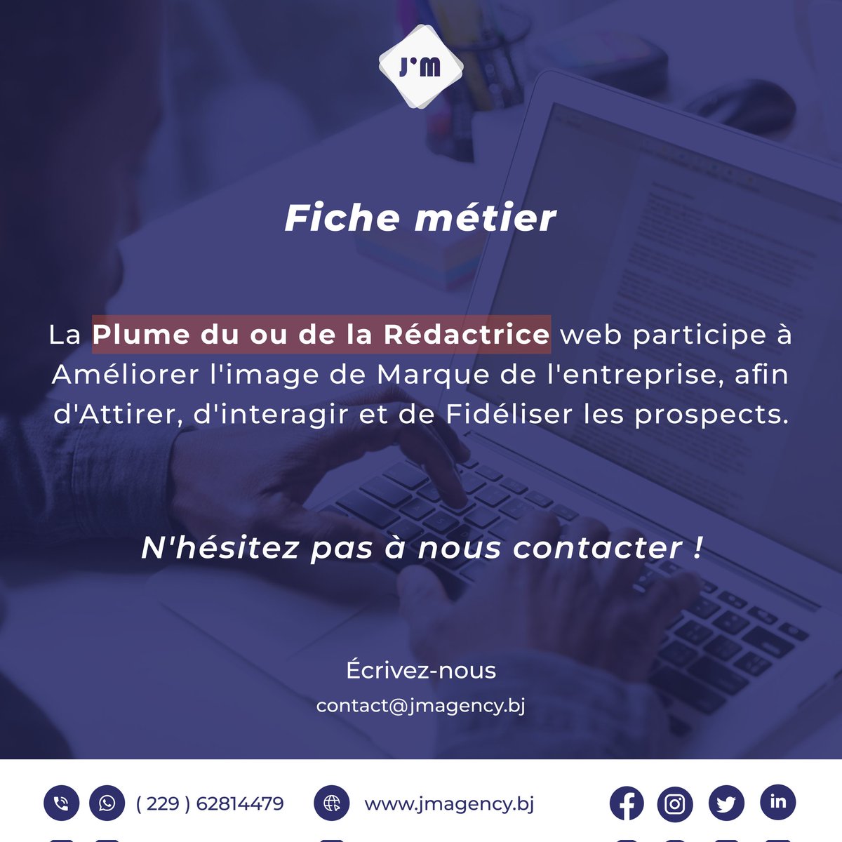 jmagencybj's tweet photo. Aujourd'hui, nous parlerons du Rédacteur Web. 

Que retenir ! 
Le Rédacteur Web rédige du contenu pertinent et accrocheur, qui met bien en avant l'entreprise et ses produits.  

Suivez-nous !
https://t.co/wbGA9UDegz

#community #jmagencybj https://t.co/kZ6TSoWKRs