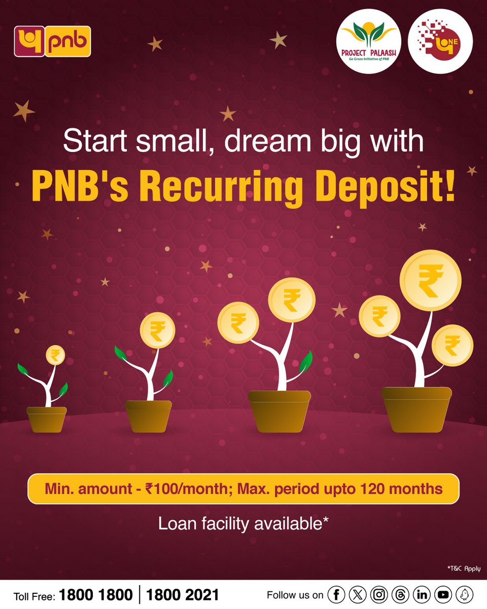 Grow your savings monthly with PNB’s Recurring Deposit 

For more info, visit: pnbindia.in/recurring-depo…

#Grow #Savings #RecurringDeposit #Digital #Banking